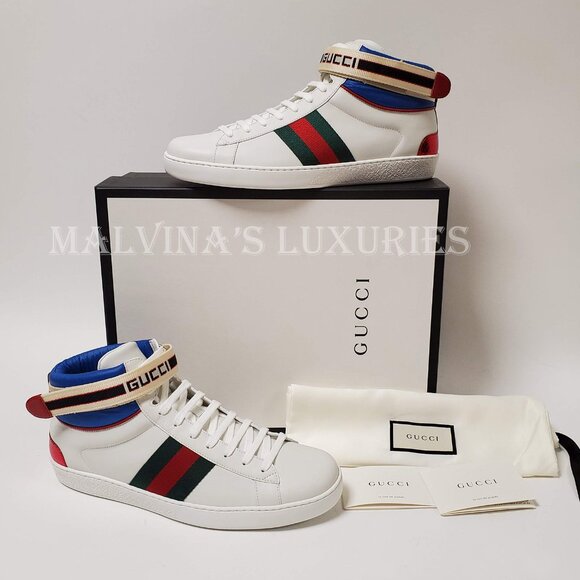GUCCI SNEAKERS MENS ACE LOGO STRIPE WEB SNAKE BACK HITOP SHOES 6.5G / US 7 - Picture 2 of 13